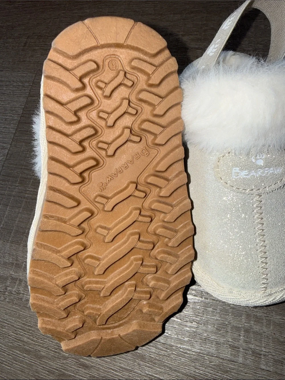 BEARPAW Baby Rebecca Suede Slippers Champagne Glitter Sandstone Size 5